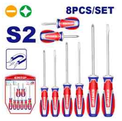 8 Pcs Screwdriver Set, S2 Blade Material, Round Shank, 3-Color Ergonomic Handle, Double Blister Packed